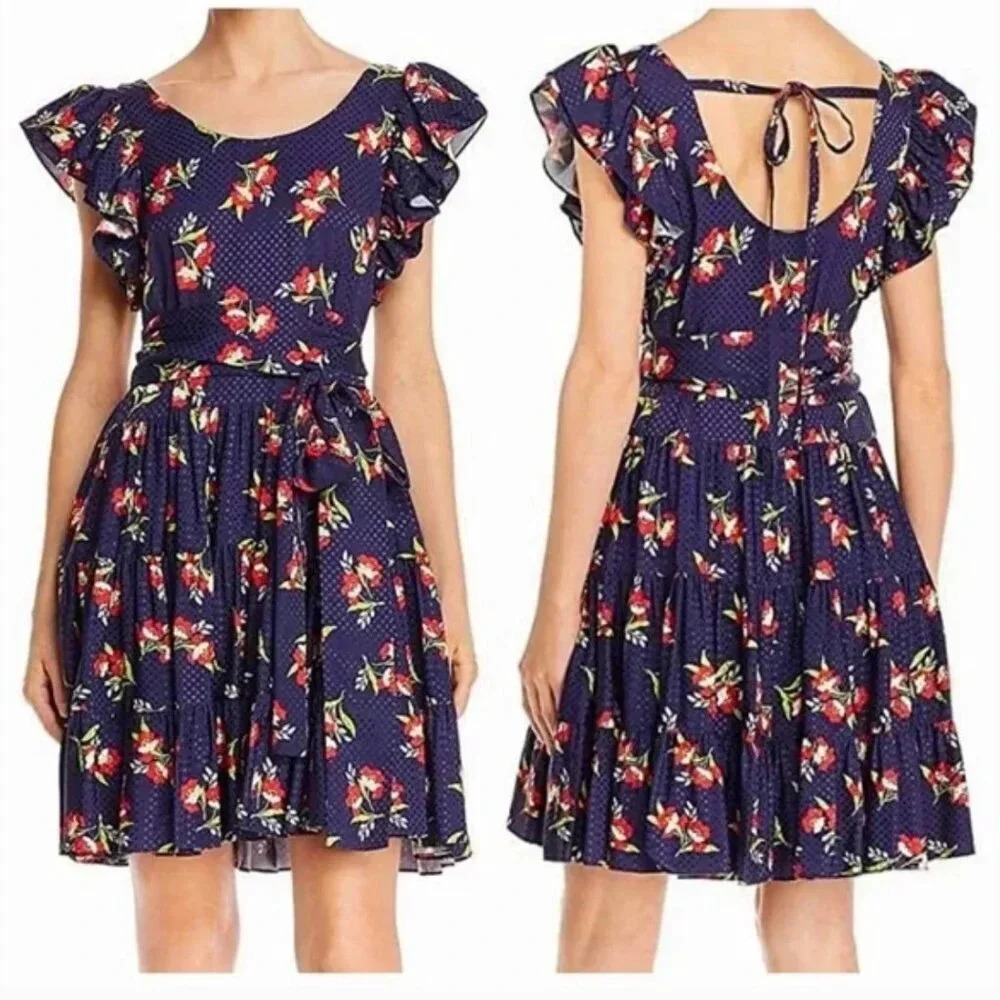 Jill Stuart Dress Jacquard Flutter Sleeve Mini Floral Navy Blue Red Size Medium